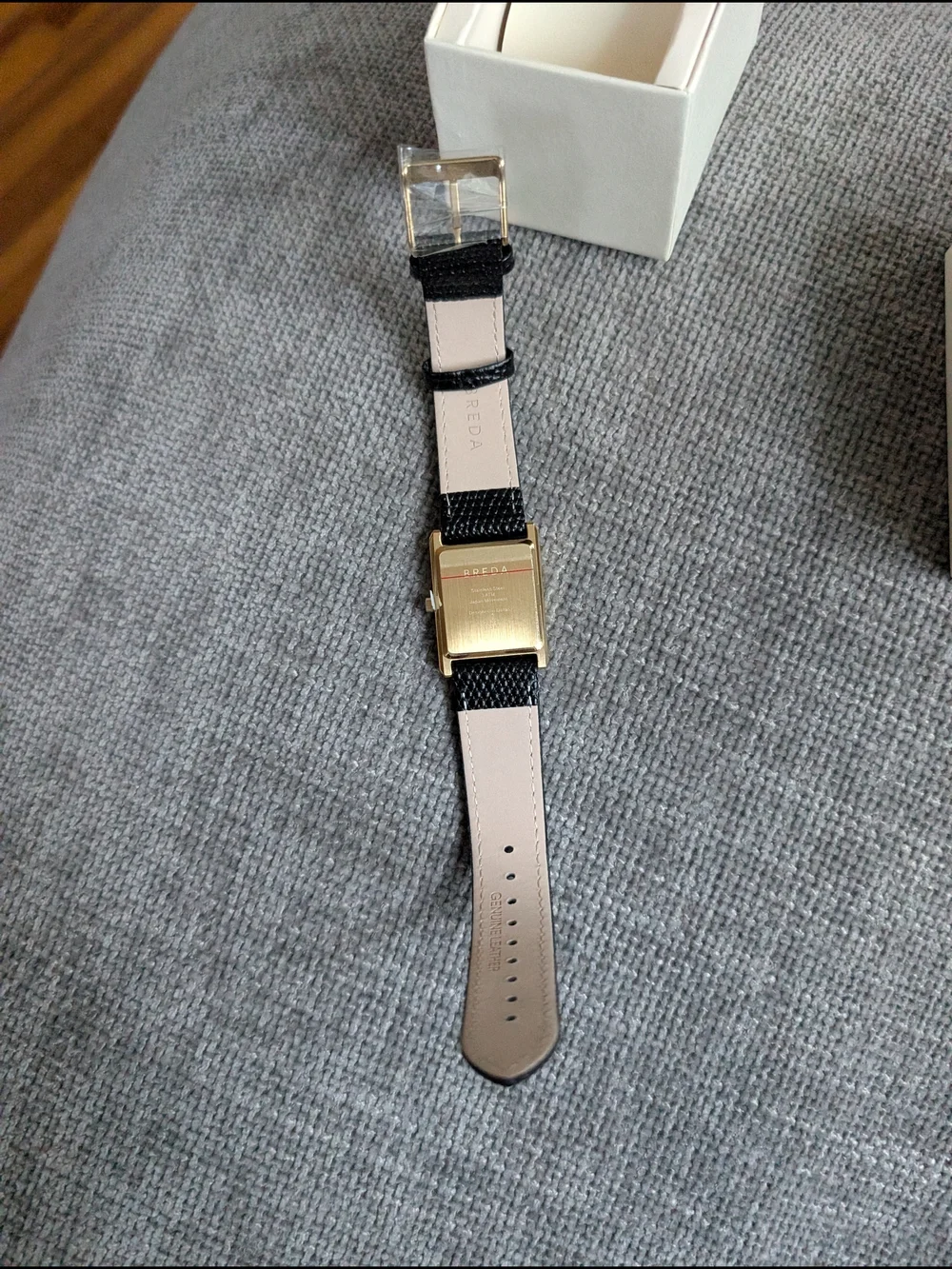 BREDA Men's Black Leather Strap Gold-Tone Square Watch